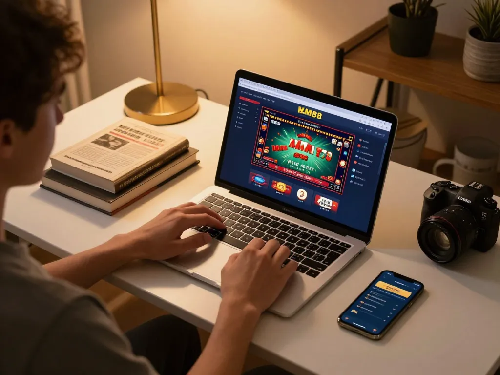 Player engaging with MM88 online casino game on laptop, showcasing responsible gambling setup at home.