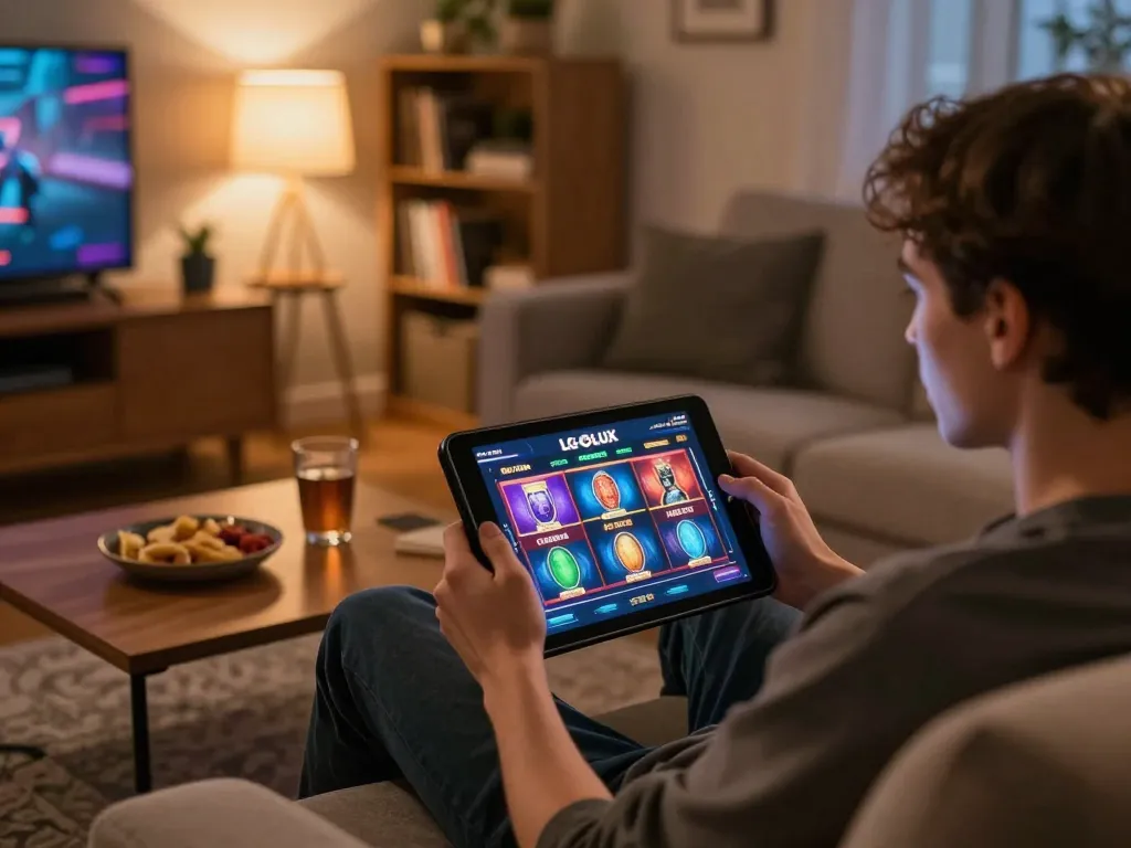 Engaging in LGOLUX online slot gaming from a cozy living room setting.