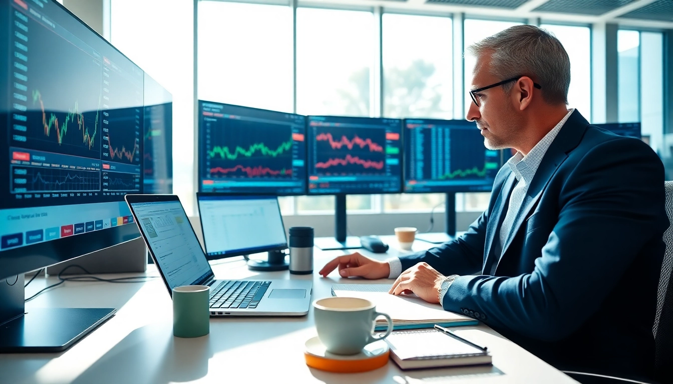 Learn how to trade stocks in Saudi Arabia with a professional trader focused on stock charts in a bright office.