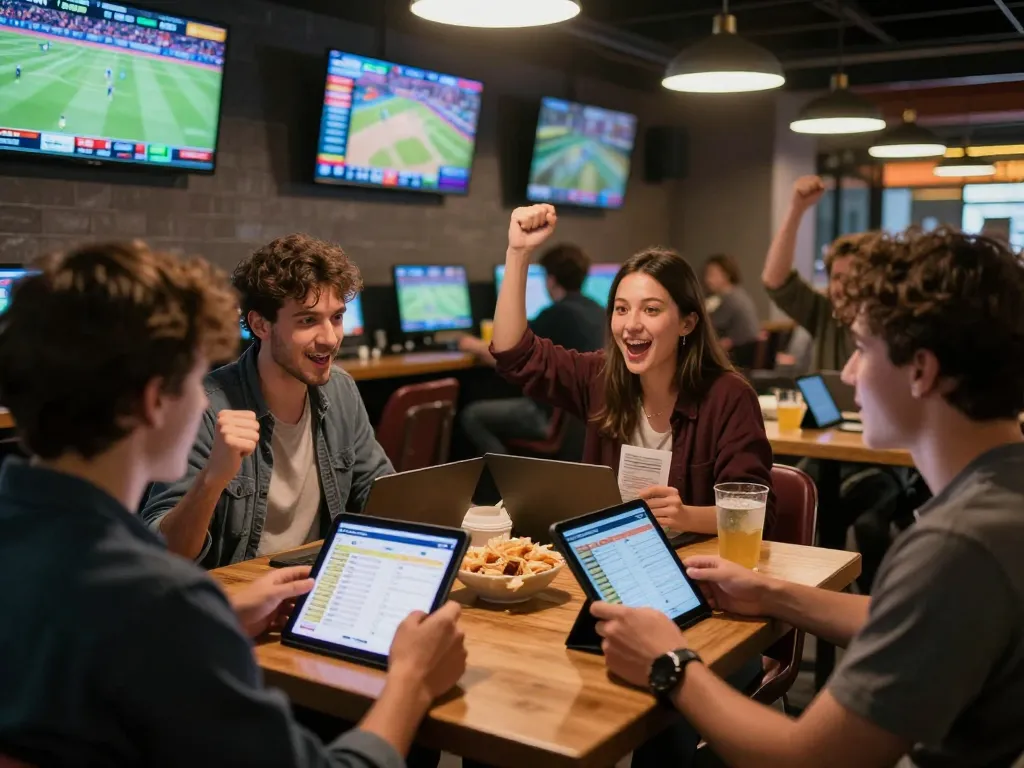Sports betting enthusiasts engaging with hi88s platform, celebrating a win in a lively setting