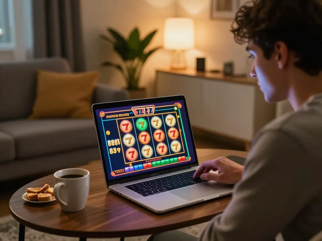 Player enjoying slot777 online game in a cozy home setting with laptop and snacks.