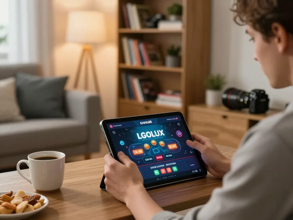 Player strategizing on the LGOLUX casino app while enjoying a cozy home atmosphere with snacks
