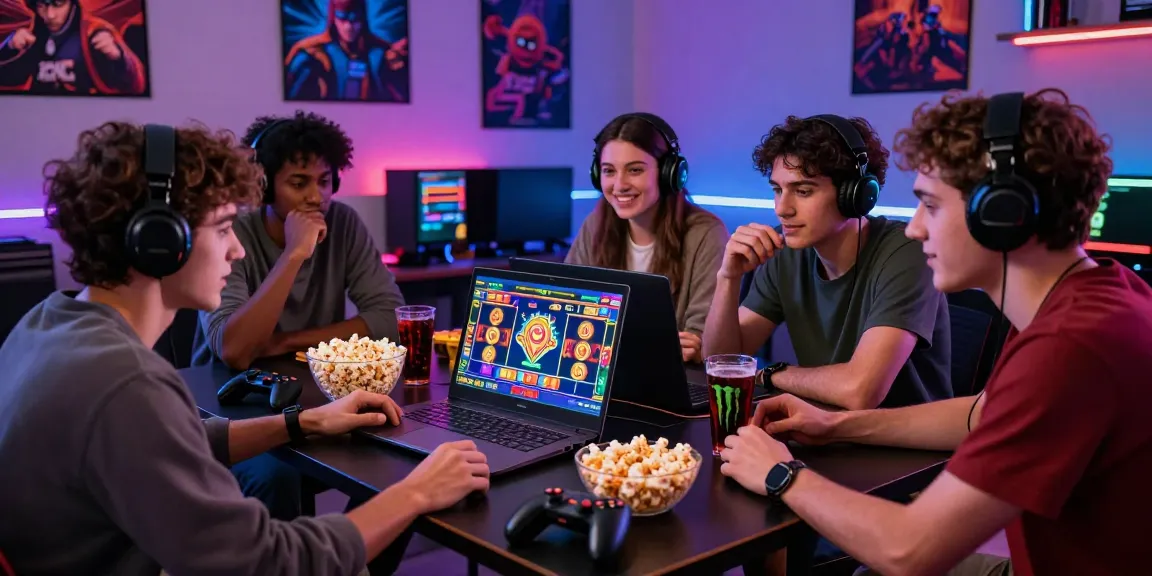 Engaging slot depo 5000 gaming scene with friends enjoying online slots, showcasing excitement and camaraderie.