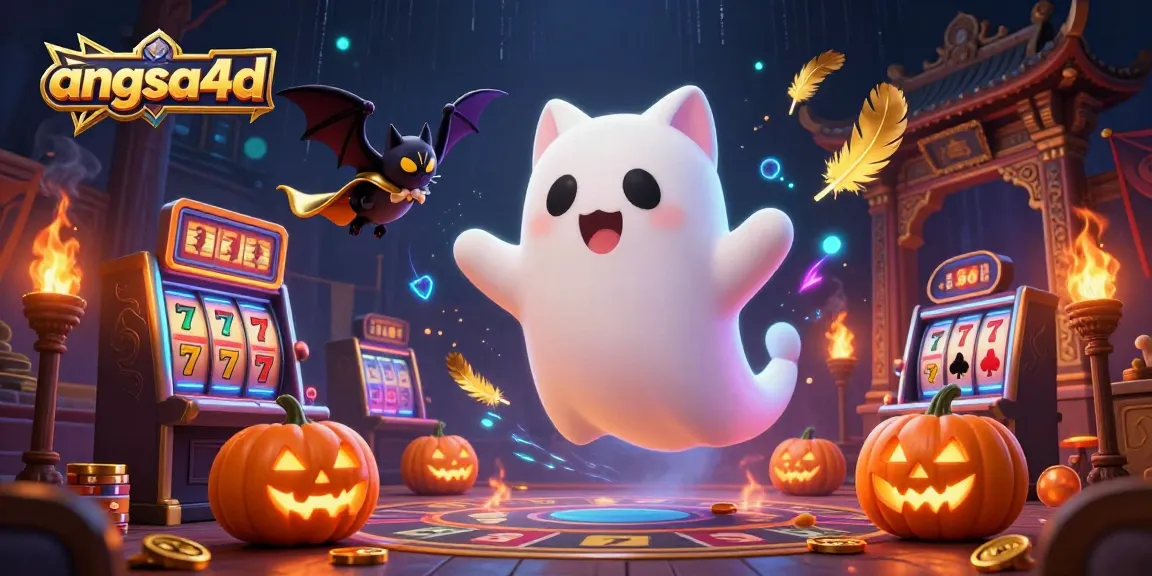 Experience the thrill of angsa4d slots with a friendly ghost cat and vibrant casino surroundings.
