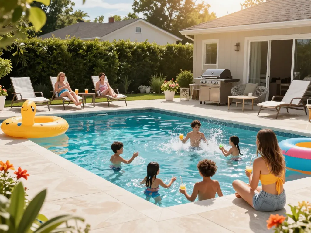 Dolphin Pool Services ensuring family enjoyment in a beautifully maintained backyard pool on a sunny day.