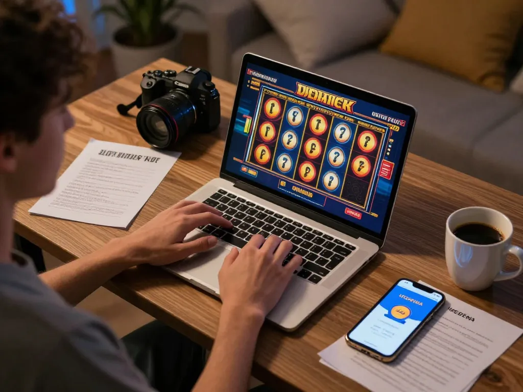 Player engaging in UGDEWA online slots with strategic notes and phone app in a cozy setting.