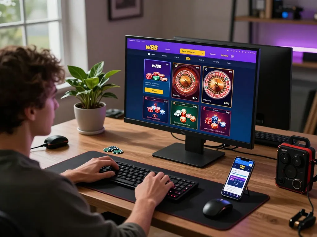 Engaged gamer exploring online casino options at w188, featuring roulette and sleek interface.