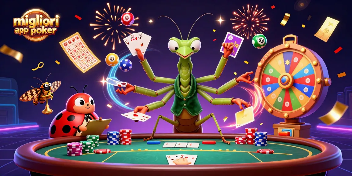 Scopri le migliori app per poker in un'illustrazione 3D dinamica con un camaleonte del poker e un pit boss.