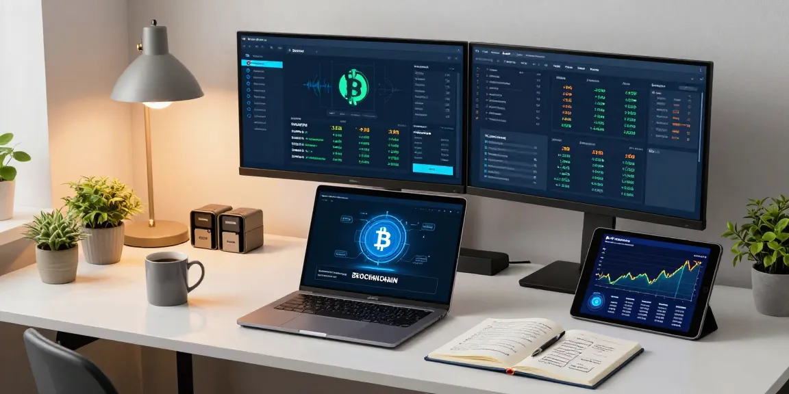 Bitcoin mining platform analysis in a modern workspace with screens, digital wallets, and crypto research
