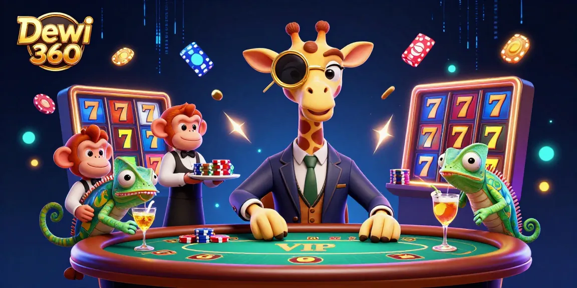 Dewi 360 menampilkan jerapah berjudi di meja poker premium yang dikelilingi mesin slot berwarna-warni