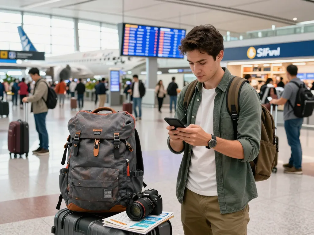 Excited traveler with gear preparing to board the 789P flight at a bustling airport terminal.
