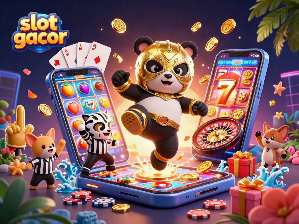 SSlot gacor menampilkan panda petarung beraksi di tengah kasino dengan koin emas dan permainan slot