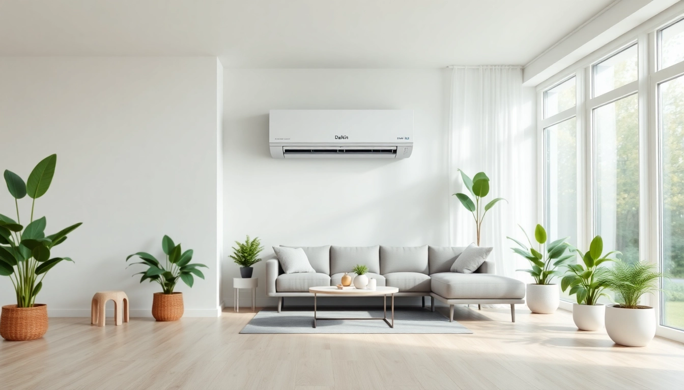Discover the sleek Daikin mini split AC unit enhancing comfort in a modern living room setting.