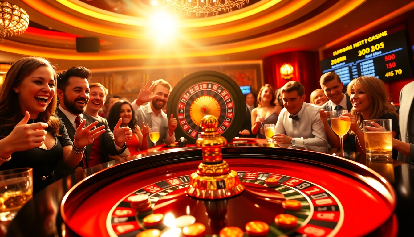 Pemain bersemangat di meja roulette landaktoto yang penuh warna, menciptakan suasana kasino yang meriah.