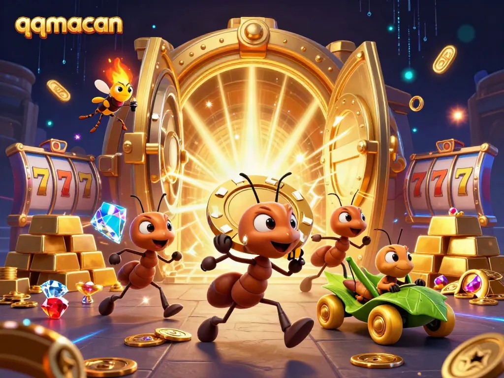 Experience the thrill with qqmacan as ants carry a giant poker chip in a vibrant heist scene.