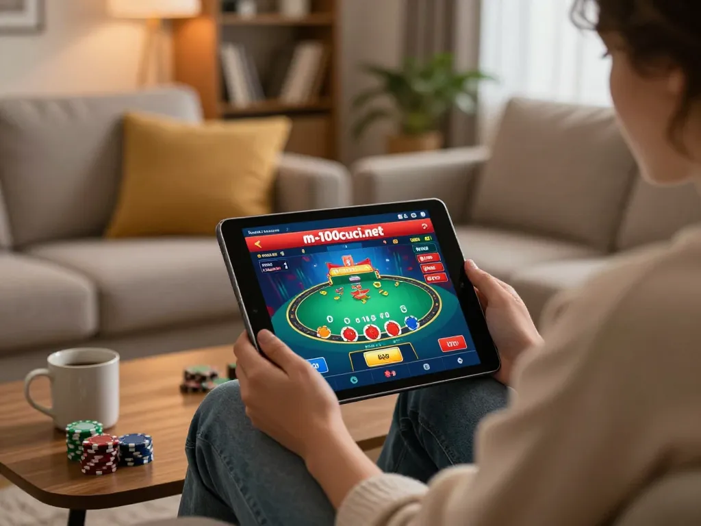 Engaging in online blackjack at https://m-100cuci.net/ on a tablet, showing strategic gameplay in a cozy home setting.