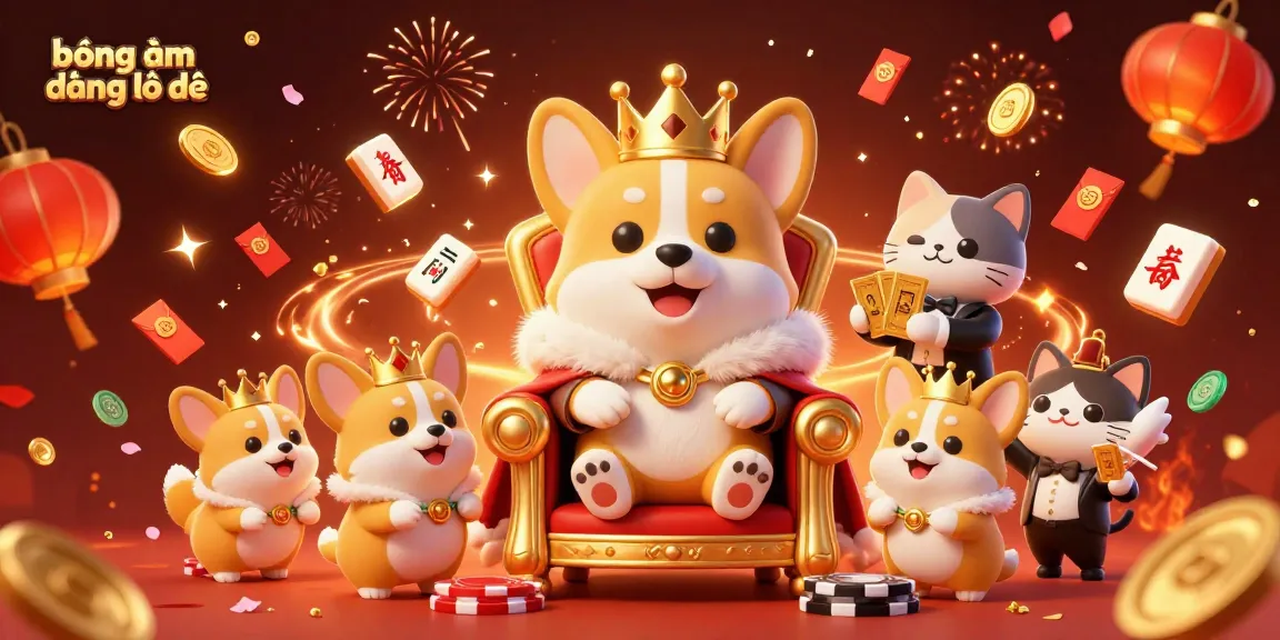Engage with the excitement of bóng âm dương lô đề featuring a royal corgi on a poker chip throne in a vibrant casino setting.