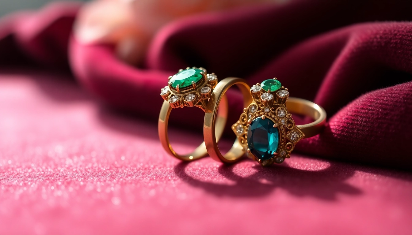 Couple rings with intricate designs shining on a velvet background, showcasing elegance and craftsmanship.