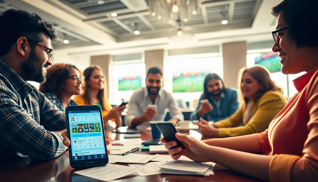 Engaged bettors exploring the best sports betting sites India on mobile devices in a vibrant setting.