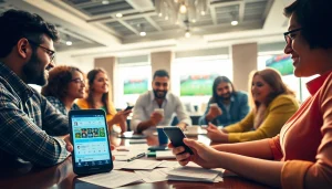 Engaged bettors exploring the best sports betting sites India on mobile devices in a vibrant setting.