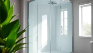 Sonni Duschkabine in einem modernen Badezimmer mit eleganten Glasdetails und natürlichem Licht.