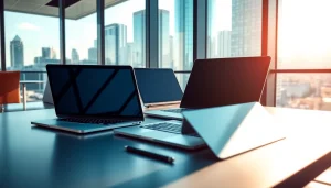 Showcase technology workspace featuring modern devices in a vibrant urban setting.