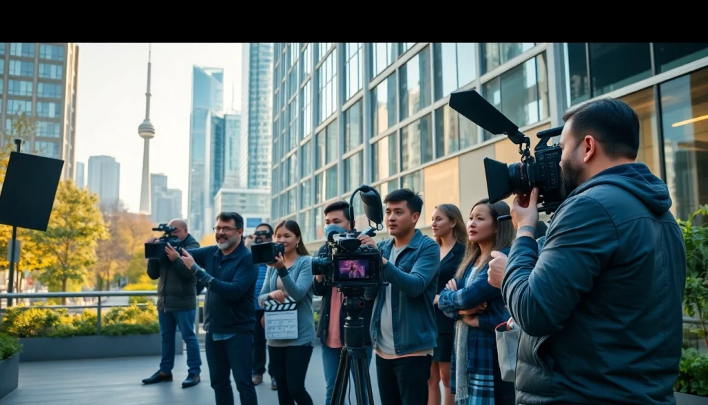 Filming a commercial videography toronto with a diverse team in an urban setting.