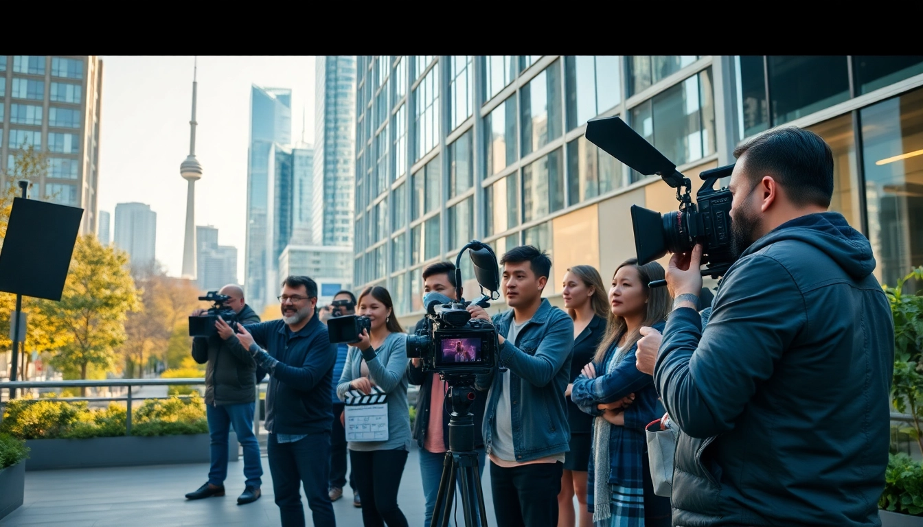 Filming a commercial videography toronto with a diverse team in an urban setting.
