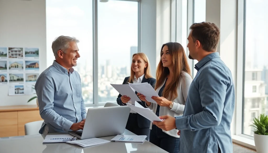 Real Estate agent discusses property options with clients in a bright office setting.