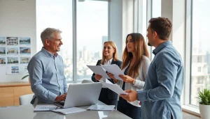 Real Estate agent discusses property options with clients in a bright office setting.