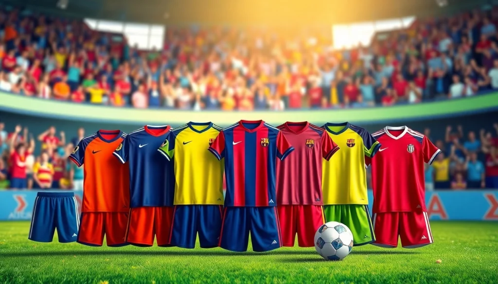 Showcasing a vibrant Team kit with jerseys and a soccer ball on an energetic field