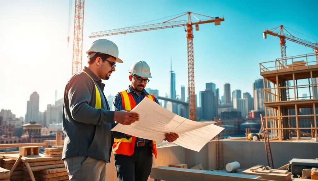 Manhattan Commercial General Contractor collaborates on site with workers and blueprints amidst a bustling skyline.