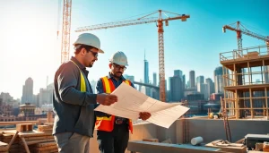Manhattan Commercial General Contractor collaborates on site with workers and blueprints amidst a bustling skyline.