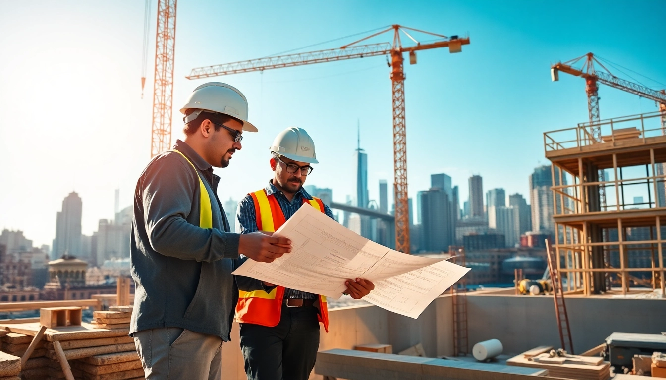 Manhattan Commercial General Contractor collaborates on site with workers and blueprints amidst a bustling skyline.