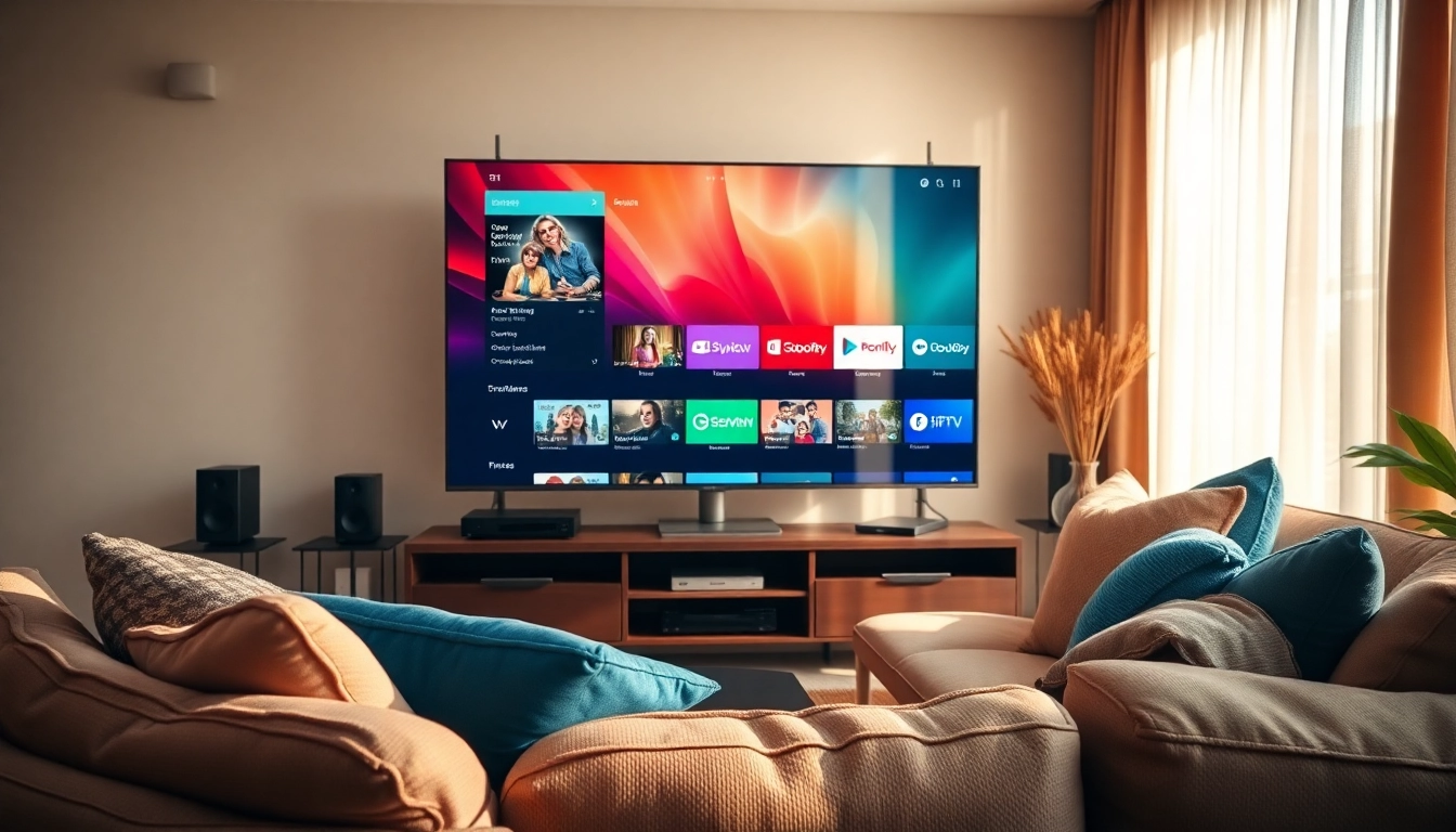 Stream vibrant channels with iron IPTV in a cozy living room setup featuring a flat-screen TV.