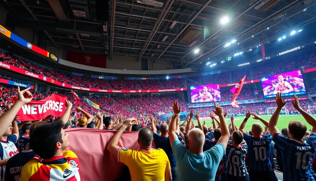 스포츠중계를 즐기는 팬들이 가득한 경기장 분위기를 전달합니다.