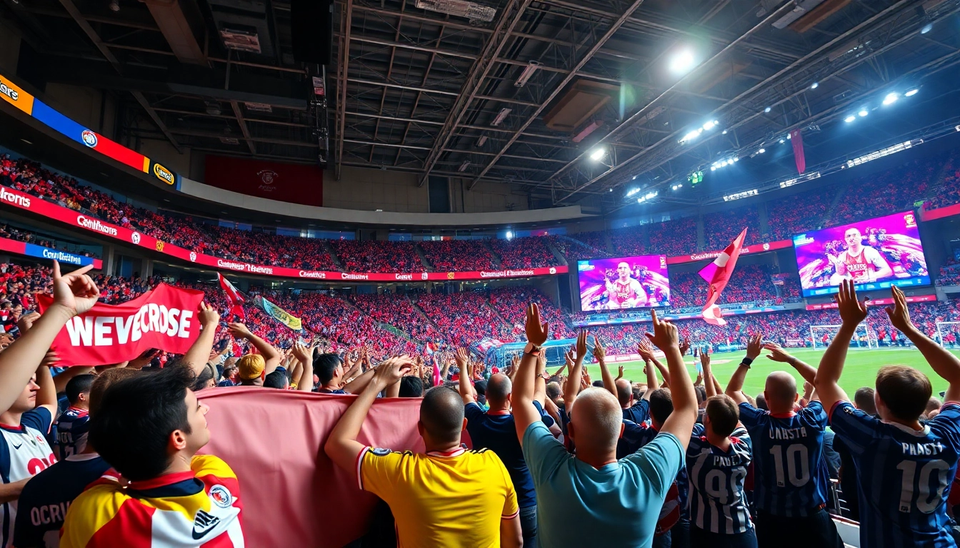 스포츠중계를 즐기는 팬들이 가득한 경기장 분위기를 전달합니다.
