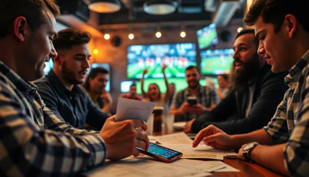 Engaged bettors reviewing the best sports betting sites in Brazil in a lively bar atmosphere.