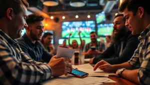 Engaged bettors reviewing the best sports betting sites in Brazil in a lively bar atmosphere.