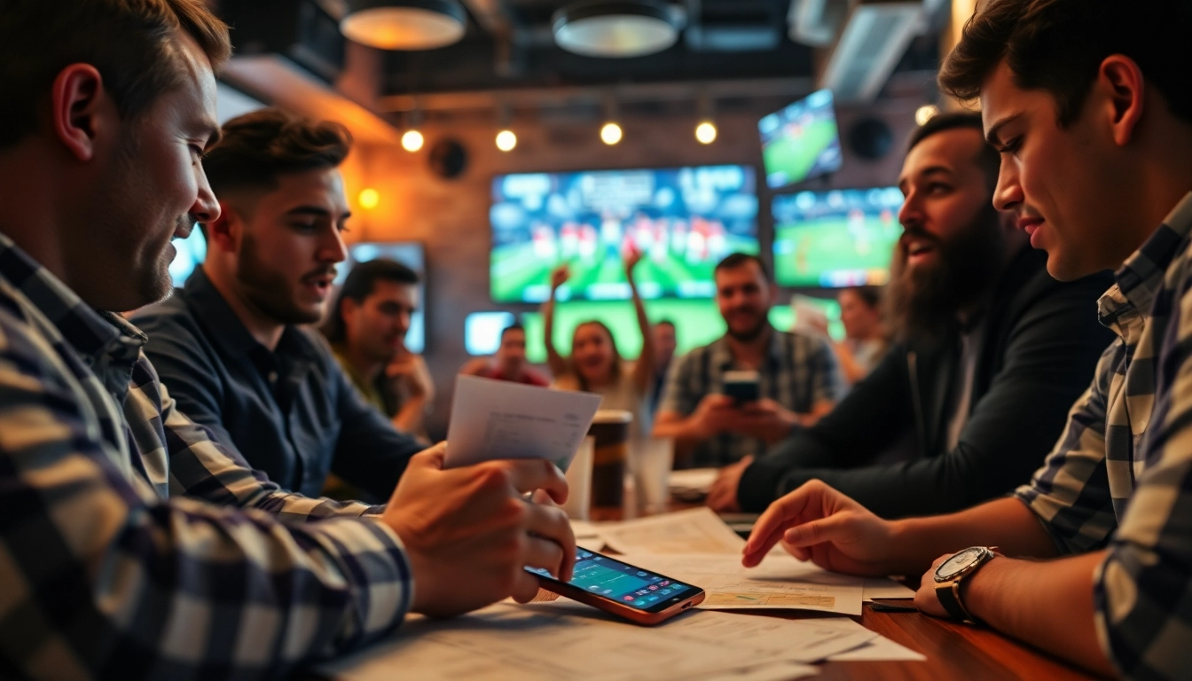 Engaged bettors reviewing the best sports betting sites in Brazil in a lively bar atmosphere.