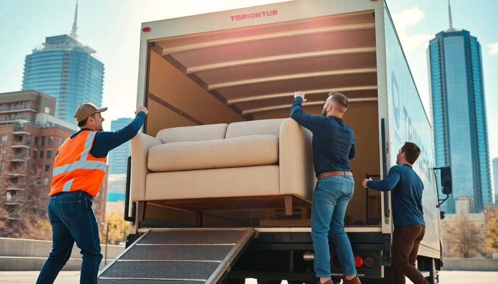Toronto movers handling a large sofa during a city relocation.