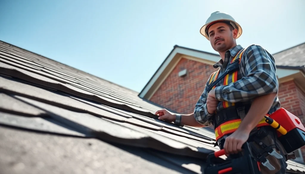 Showcasing reliable roofing services with a contractor inspecting a solid roof, highlighting professionalism.