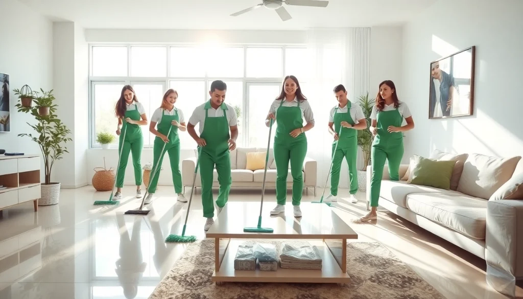 Cleaning Service team efficiently cleaning a living room with eco-friendly supplies.