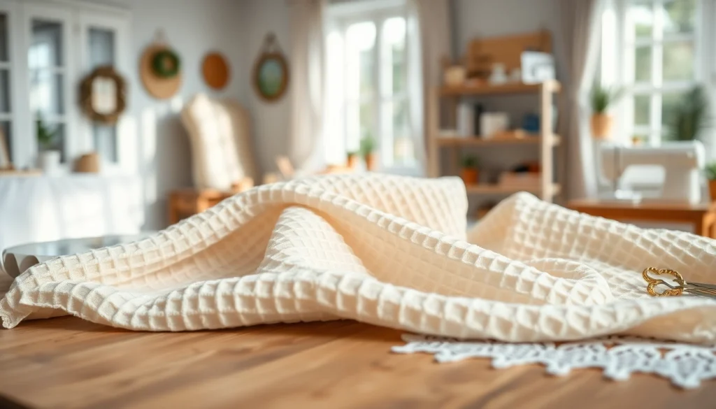 Wafel katoen met rijke textuur en pastelkleuren prachtig uitgestald op een tafel.