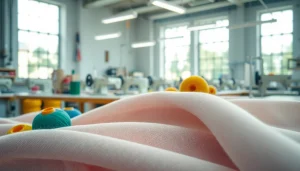 Katoen stof in een creatieve werkruimte met kleurrijke stalen en gereedschap.