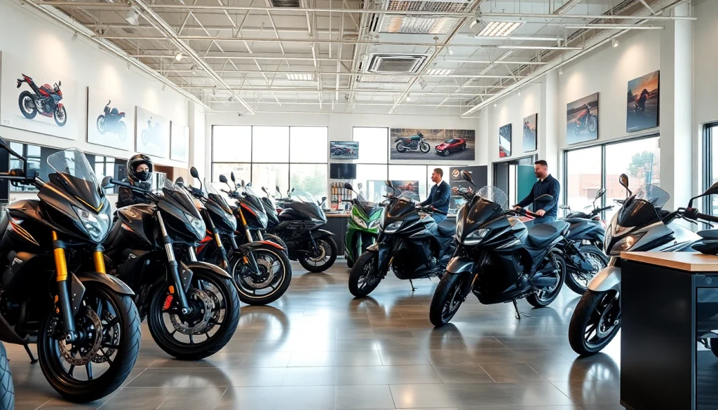 Motorradhändler präsentiert eine Auswahl an Motorrädern in einem modernen Ausstellungsraum.