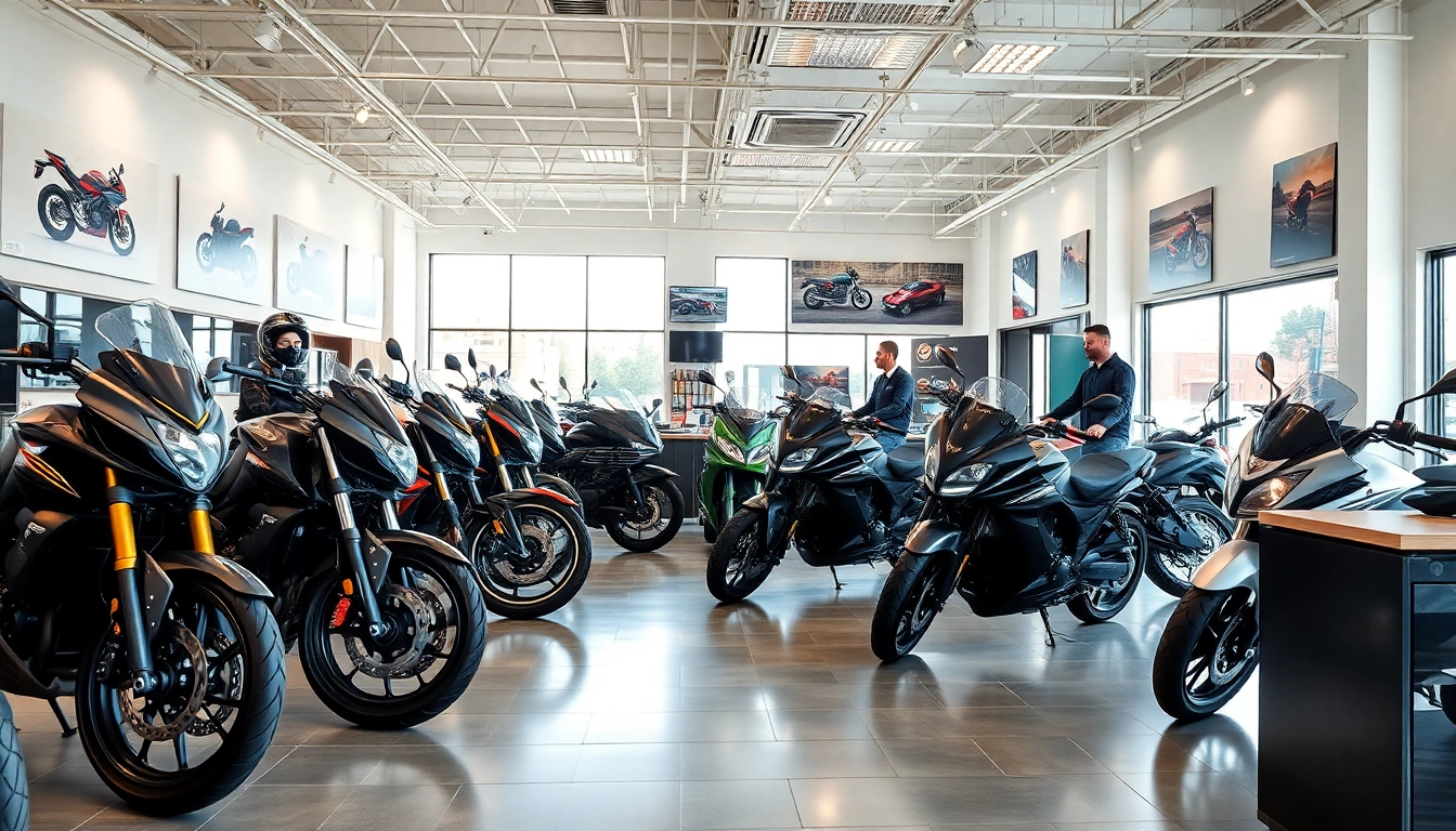 Motorradhändler präsentiert eine Auswahl an Motorrädern in einem modernen Ausstellungsraum.