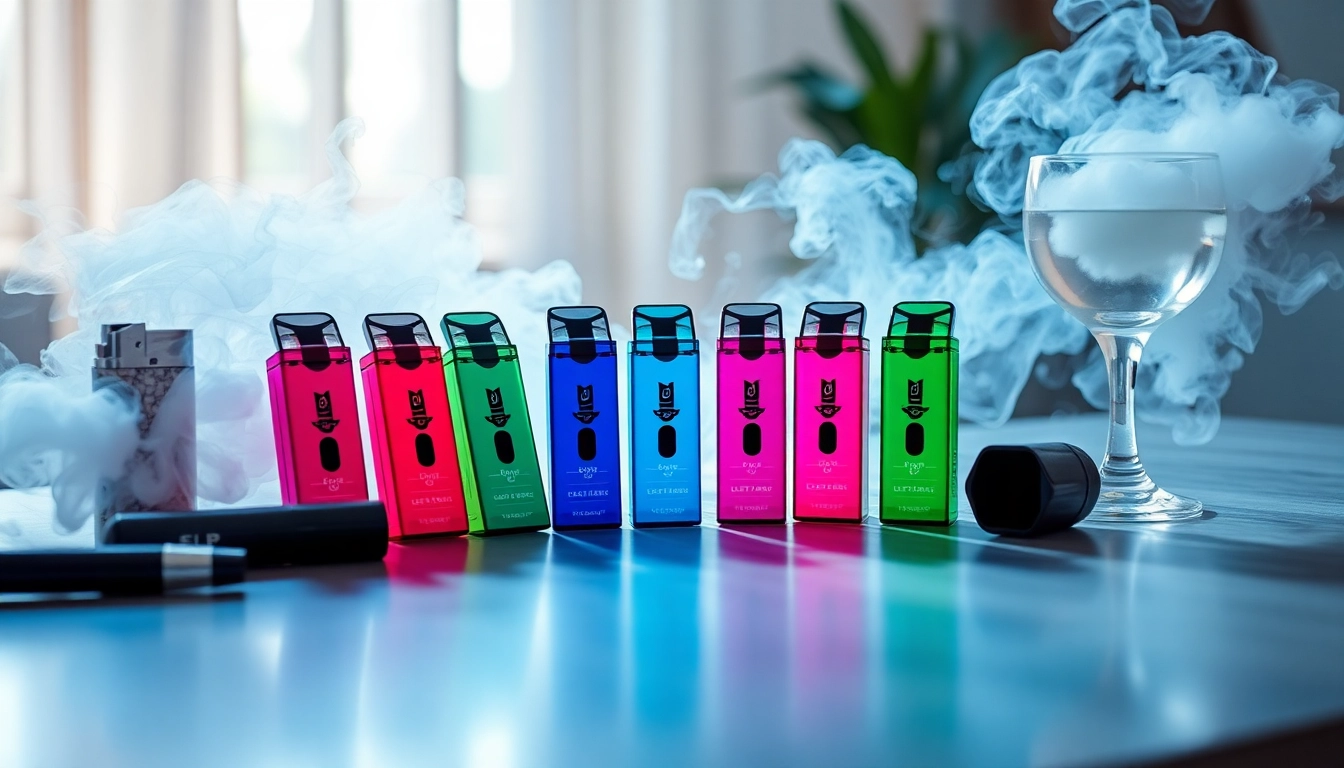 Elfbar pods in verschiedenen Farben auf einem stilvollen Tisch arrangiert, umgeben von Dampf.