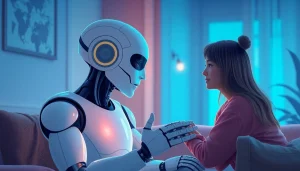 AI sex: A humanoid robot engaged in a heartfelt conversation in a cozy, modern setting.