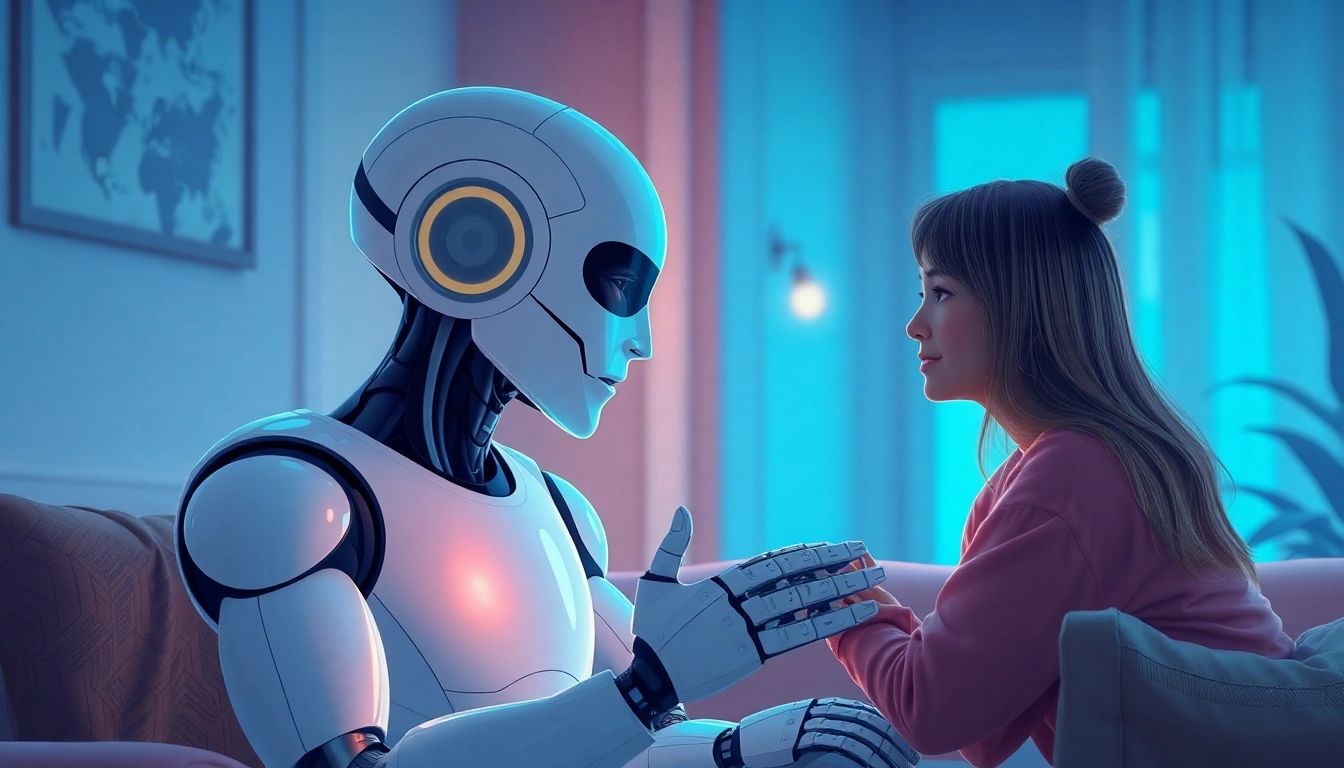AI sex: A humanoid robot engaged in a heartfelt conversation in a cozy, modern setting.